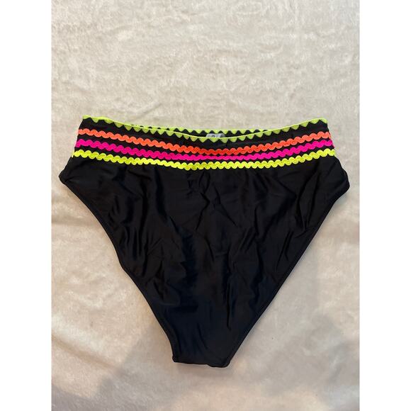 NWT POPVIL High Waisted Cut Cheeky Two Piece Swimsuit Medium Black Neon Shell - Picture 8 of 14